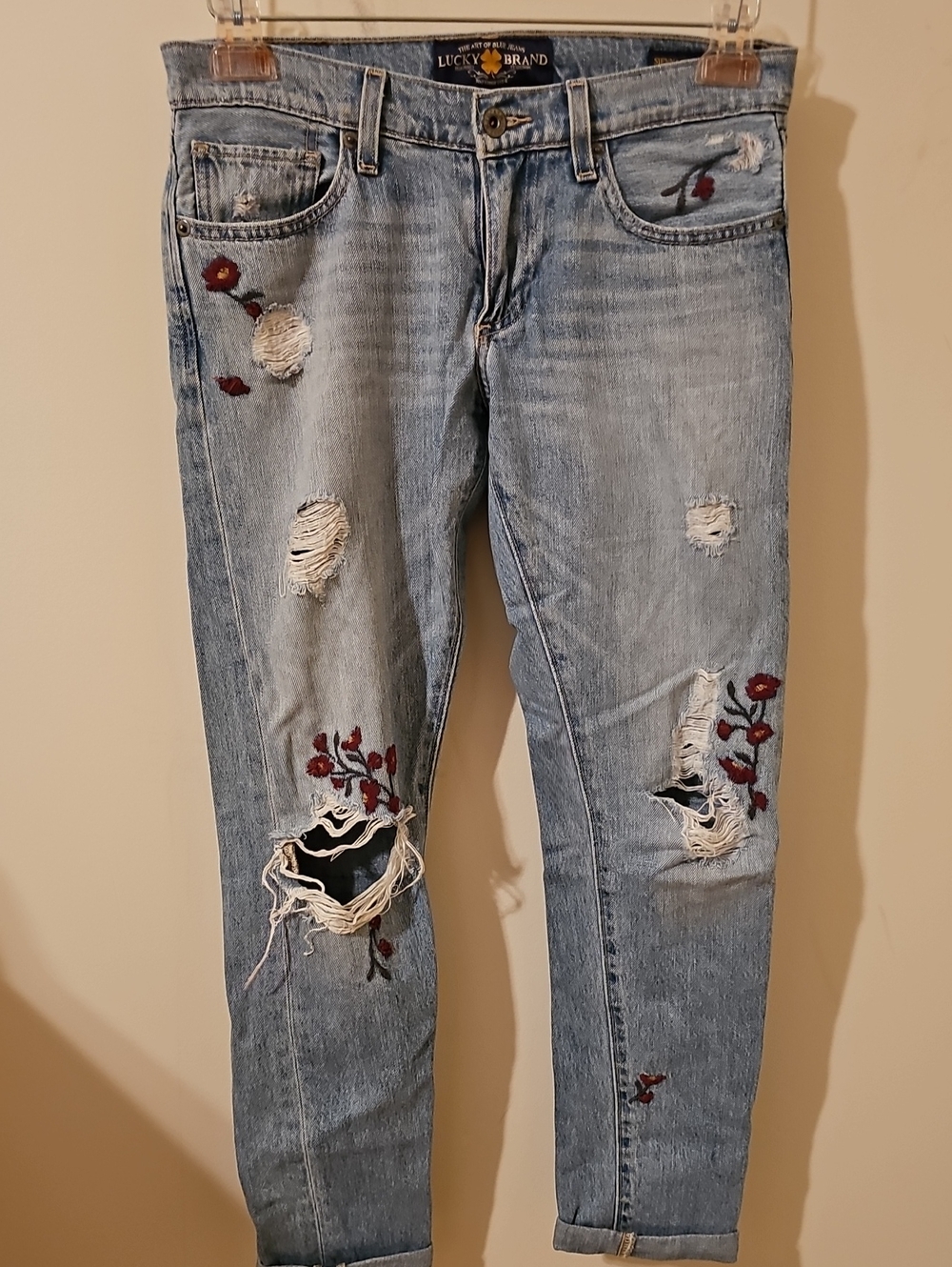 Lucky Brand Sienna Slim Boyfriend Crop Jeans Size 24  Burgundy Floral Embroidery